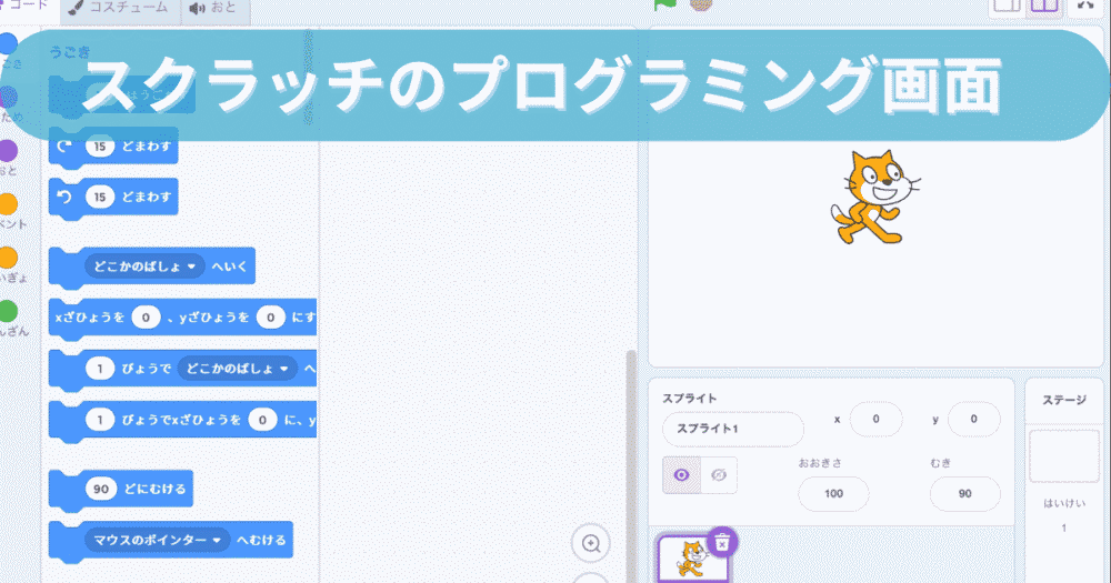 スクラッチのプログラミング画面。ブロックを組み合わせてキャラクターを動かすことができます。