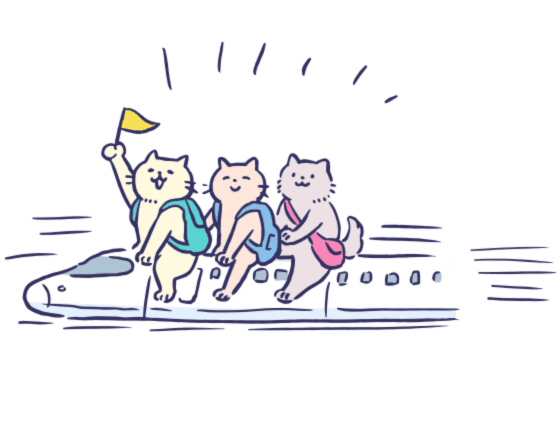 新幹線に乗って旅行する3匹の猫のイラスト
