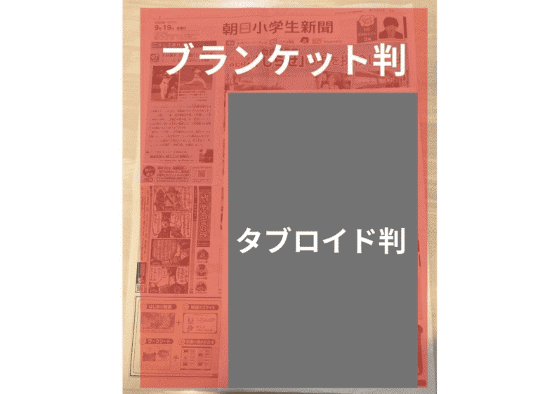 朝日小学生新聞の実際の紙面サイズをタブロイド版と比較した写真(ブランケット判の1面)