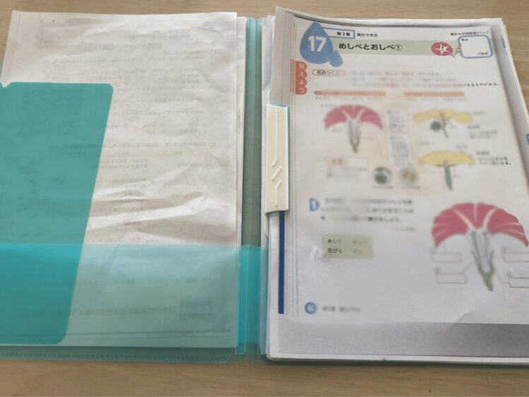 単元のプリントをクリップでまとめたコクヨキャンパスのプリントファイル。左ポケットに裏紙を収納した状態
